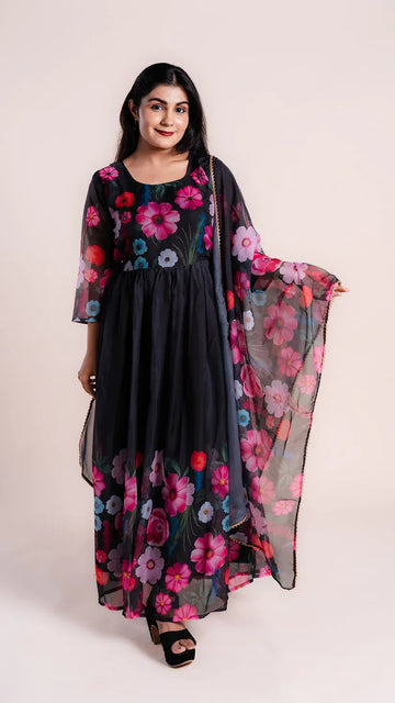 Floral Print Flared Gown with Dupatta
