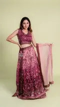 Floral Print Mirror Worked Lehenga with Net Dupatta