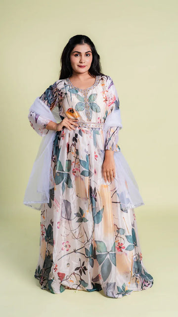 Floral Print Heavy Dress with Net Dupatta