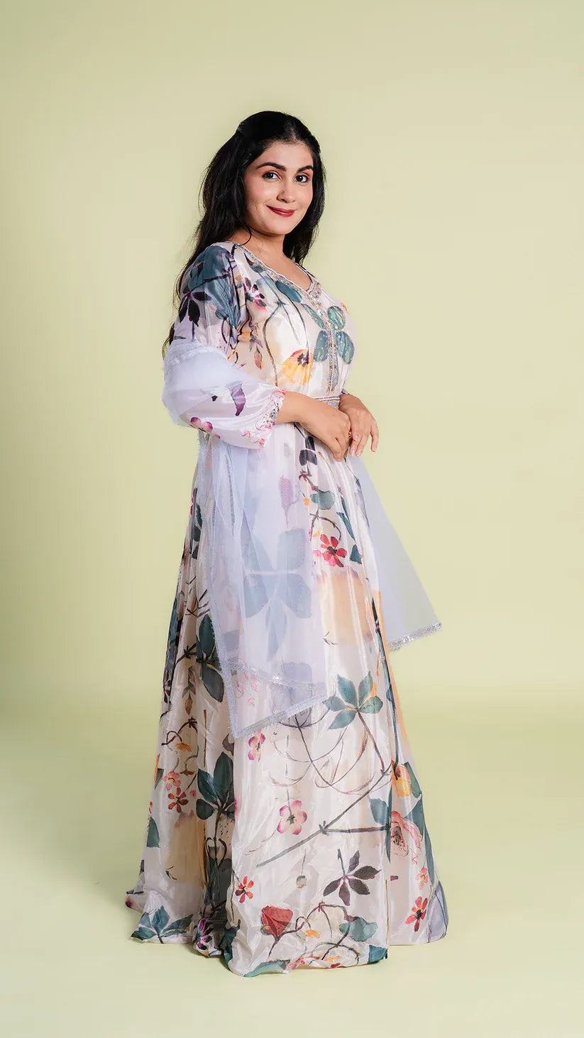 Floral Print Heavy Gown with Net Dupatta