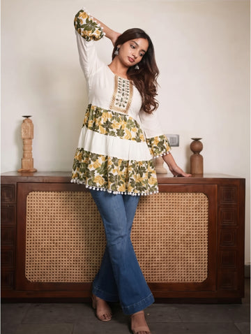 Floral Printed Tiered Short Kurti Round Neck 3/4 Bell Sleeves