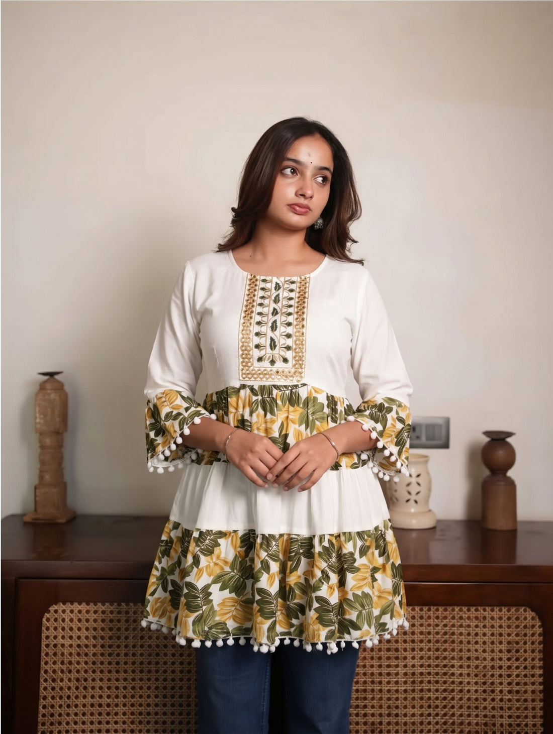 Floral Printed Tiered Short Kurti Round Neck 3/4 Bell Sleeves