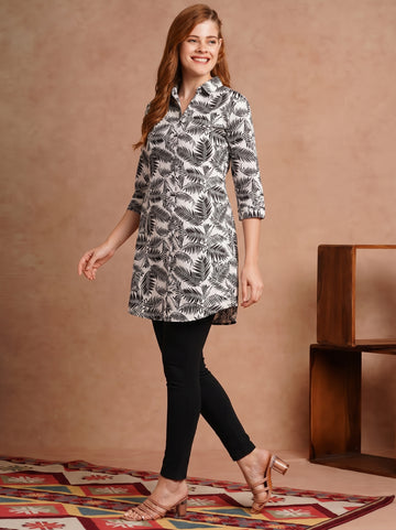 Leaf Print Shirt Collar Short Kurti