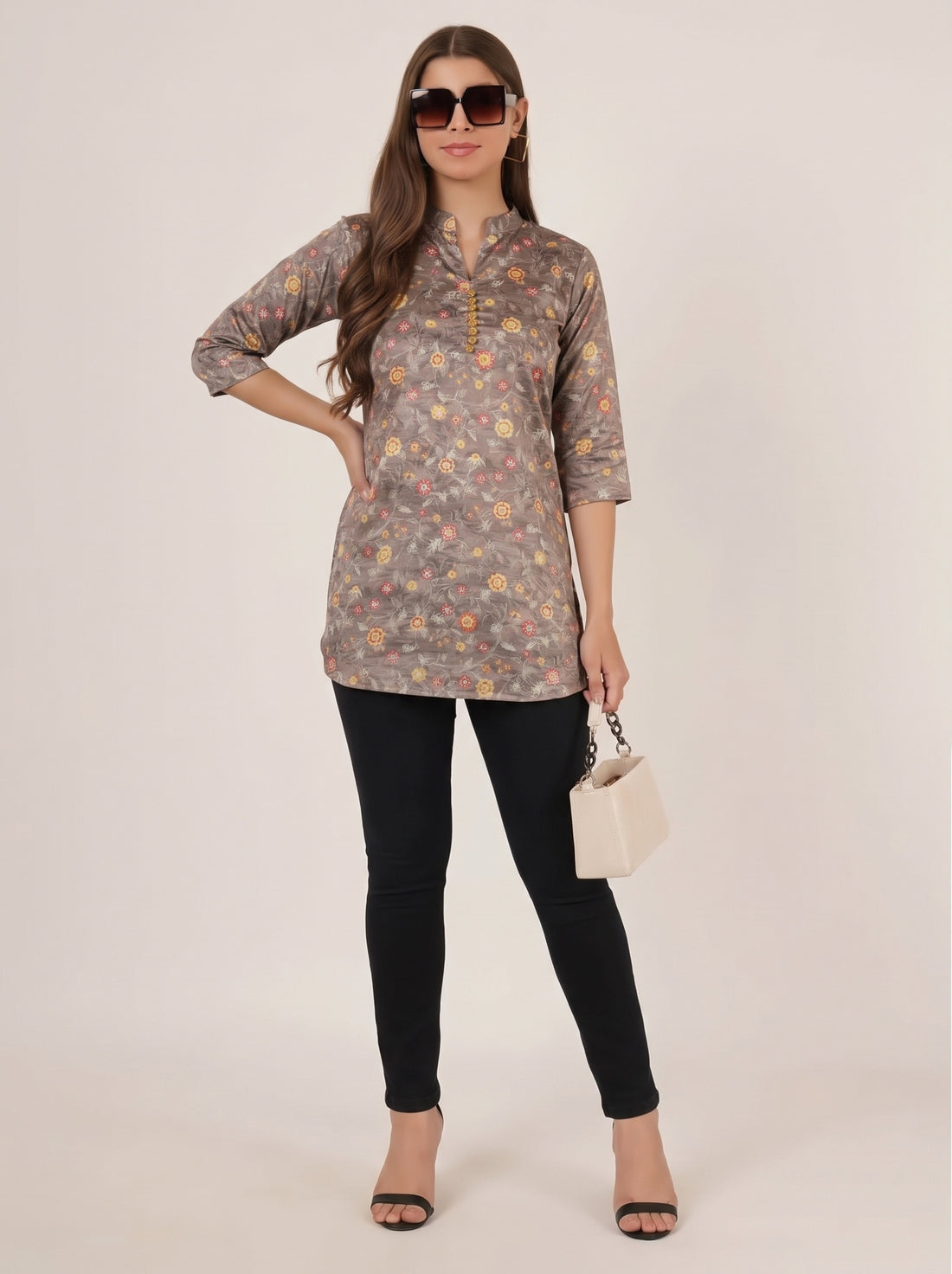 Women Floral Print Mandarin Collar Short Kurti with 3/4 Sleeves