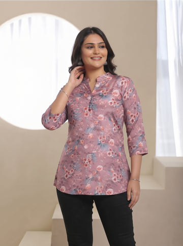 Floral Print Button Neck Short Kurti