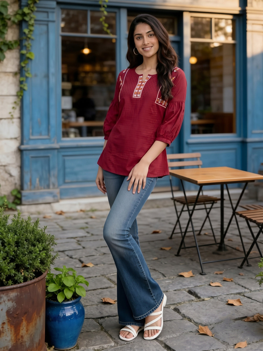 Embroidered Neck Short Kurti with Puff Sleeves