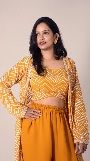 Printed Crop Top, Palazzo & Long Jacket Set