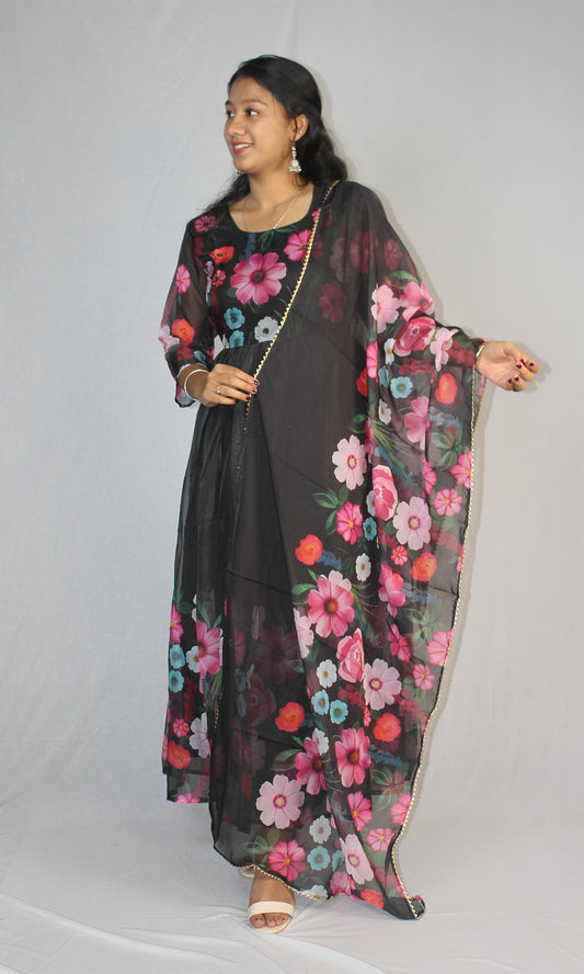 Floral Print Chiffon Frok with Printed Dupatta