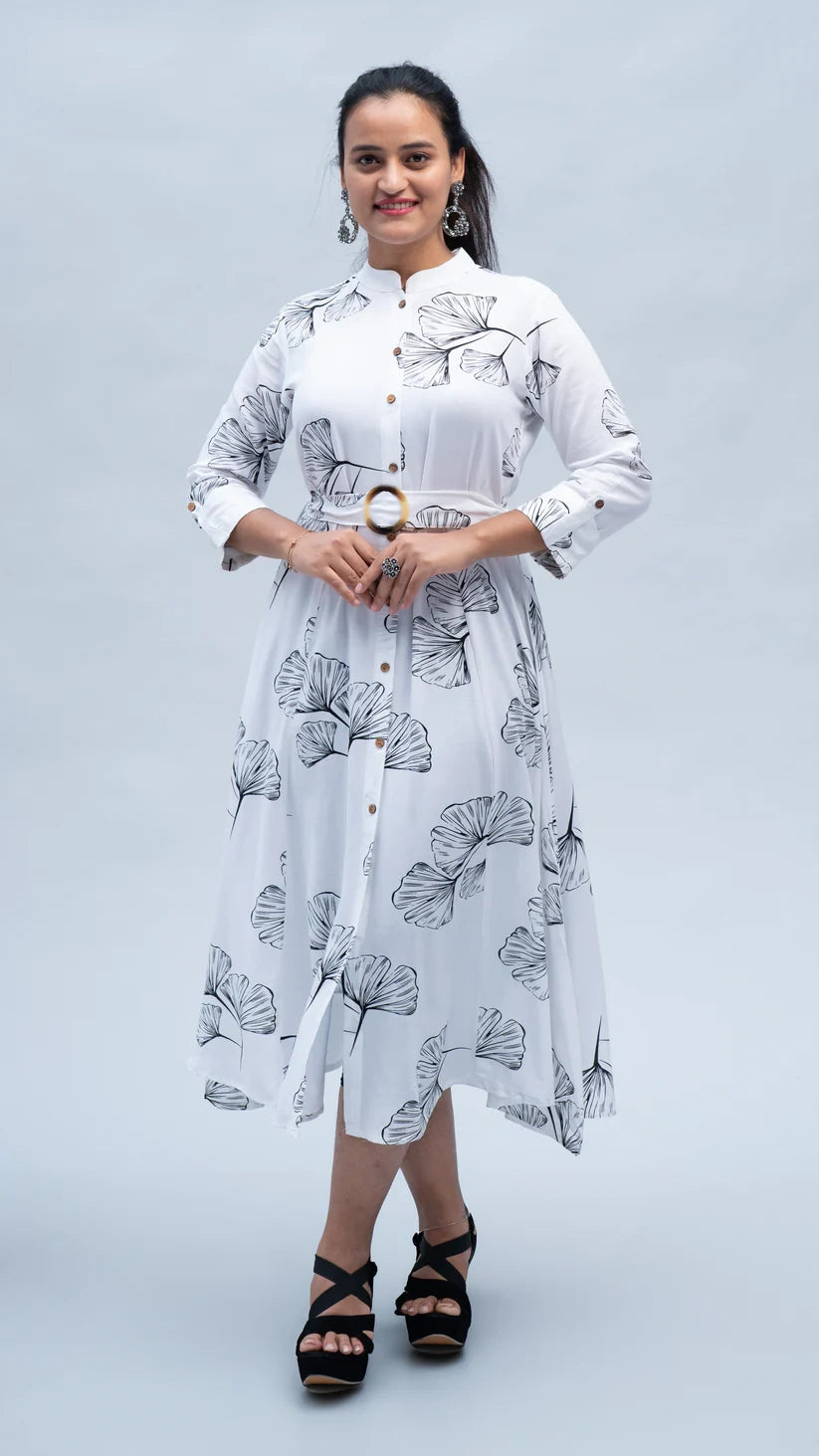 Leaf Print Short Middi Dress