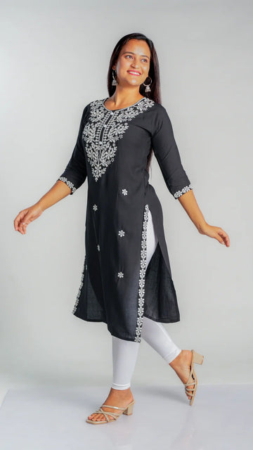 Floral Embroidered Straight Kurti with Side Border