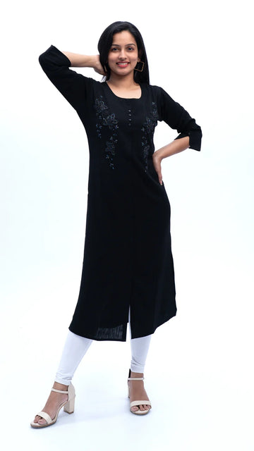 Black Embroidered Straight Kurti