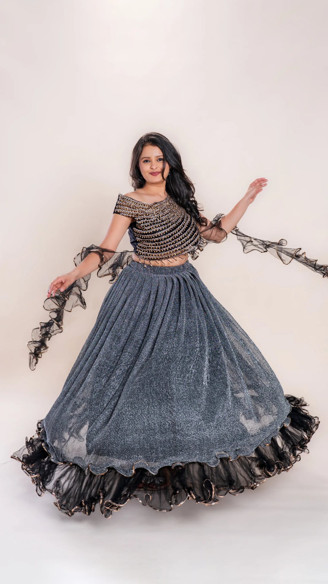 Mirror‑Glint Grey Lehenga
