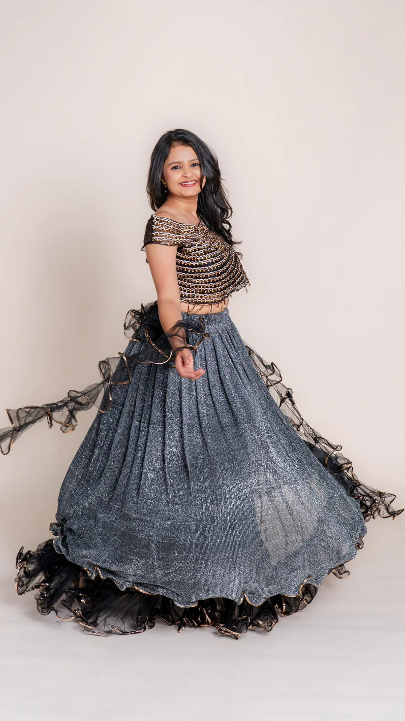 Mirror‑Glint Grey Lehenga