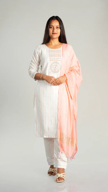 Moon White Suit Set with Chiffon Blend Dupatta