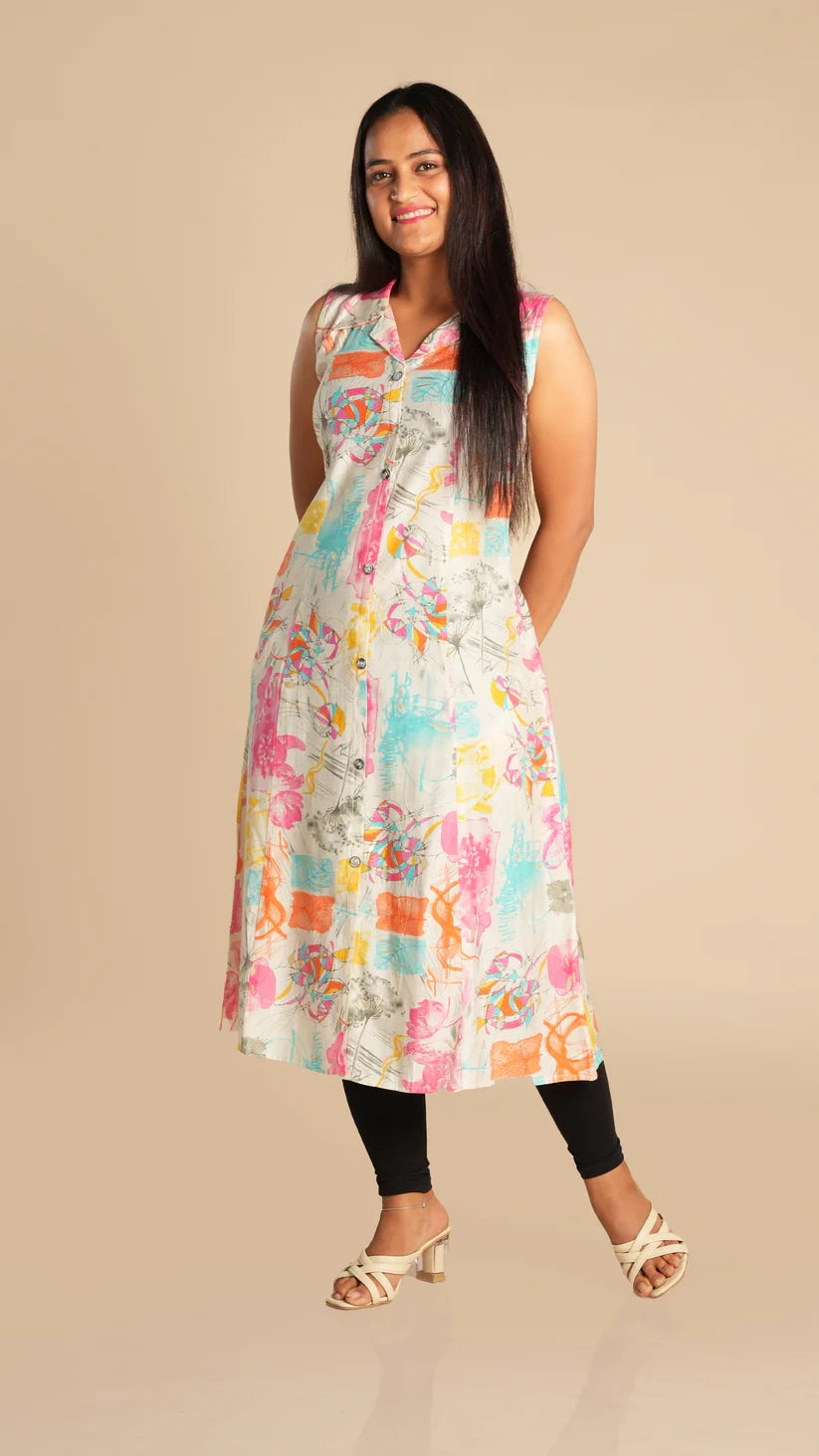 Notched Collar Printed Kurta