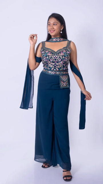 Embroidered Crop Top Palazzo & Dupatta Indo-Western Set