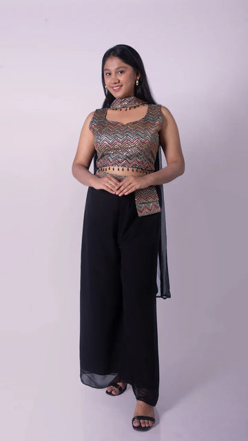 Palazzo with Attached Pocket and Embroidery with Beads Worked Top and Choker Dupatta