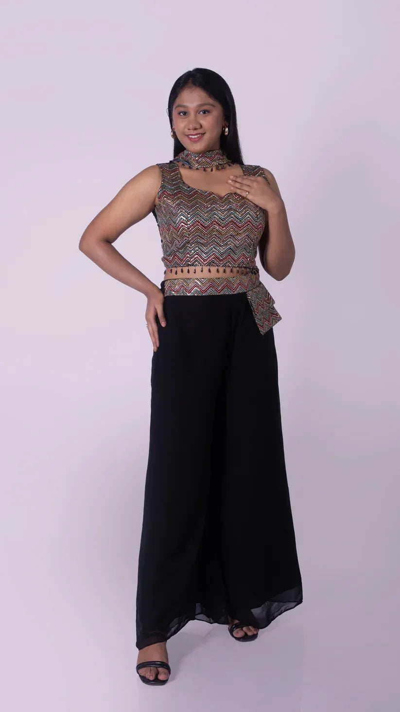 Palazzo with Attached Pocket and Embroidery with Beads Worked Top and Choker Dupatta