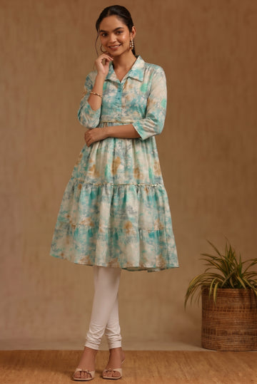 Printed Collared Tiered Short Kurti