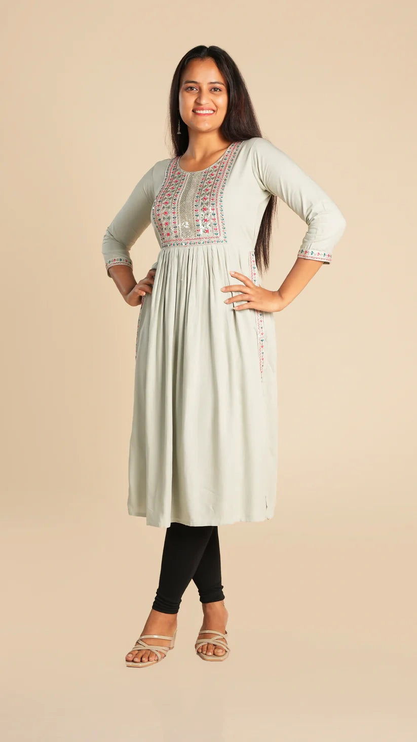 Rayon Nyra Cut Kurti with Sequins and Embroidery Neck Design