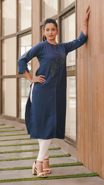 Women Embroidered Straight Kurti with Mandarin Collar & 3/4 Sleeves