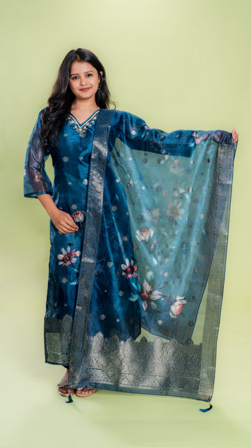 Festive Floral V-Neck Silk Kurta Set with Dupatta