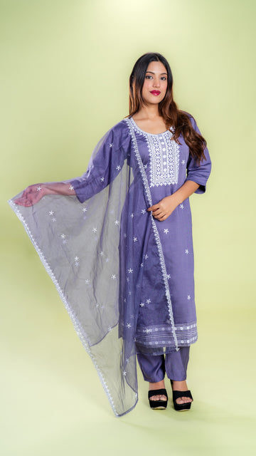 Thread Work Round Neck Kurta Pant Set with Dupatta
