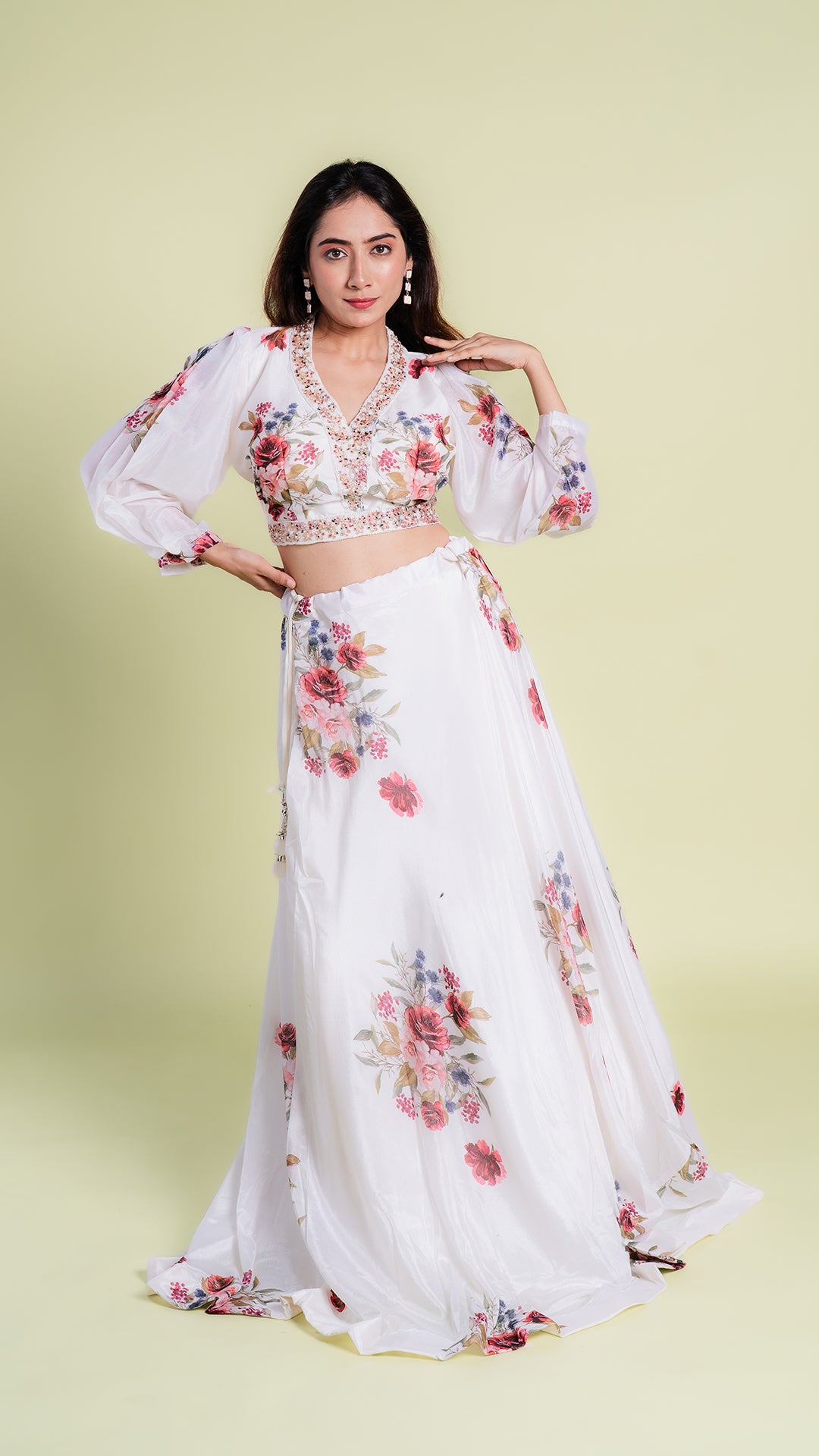 Heavy Floral Print Crop Top and Lehenga