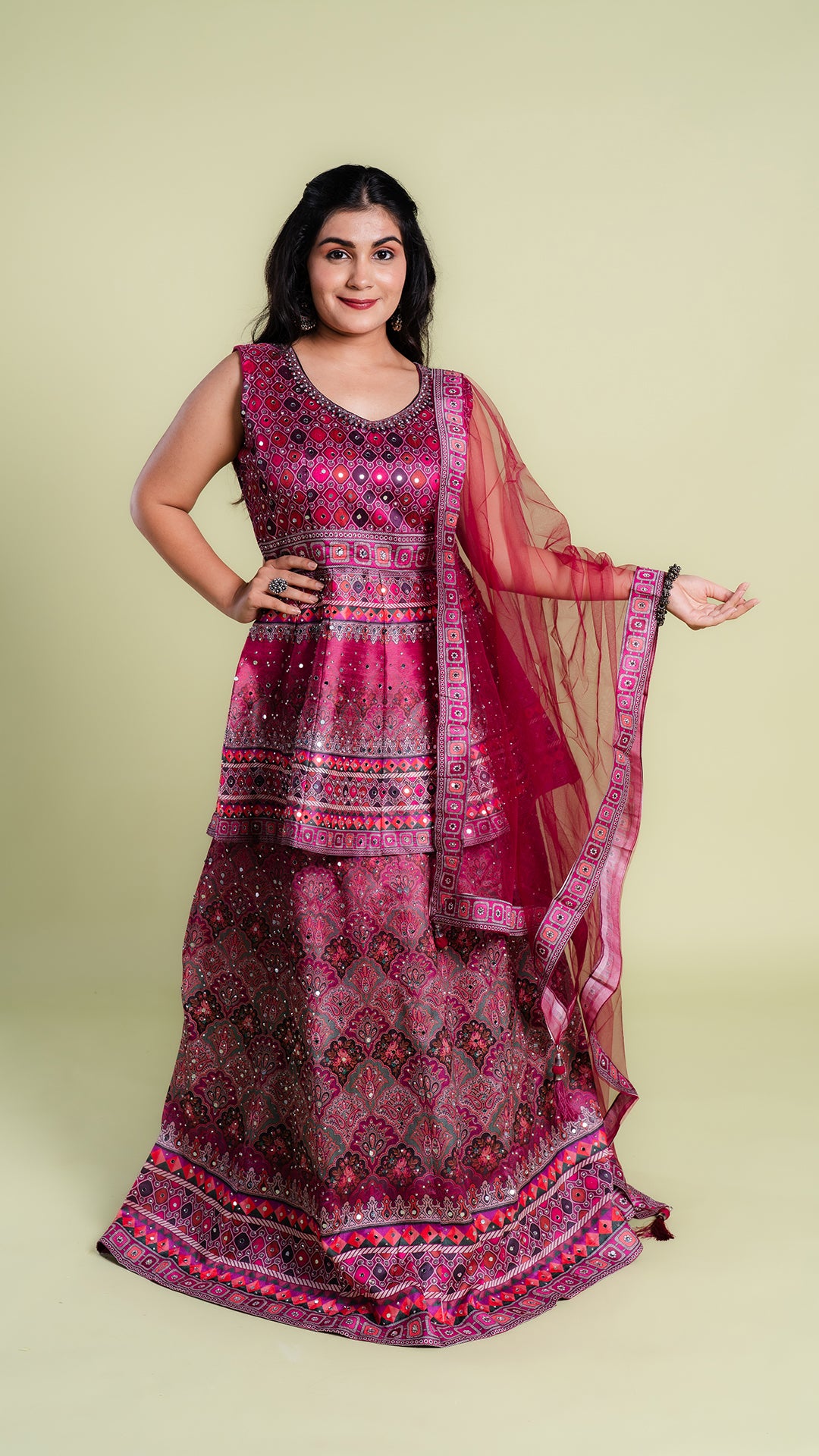 Mirror Worked Lehenga with Peplum Top and Dupatta