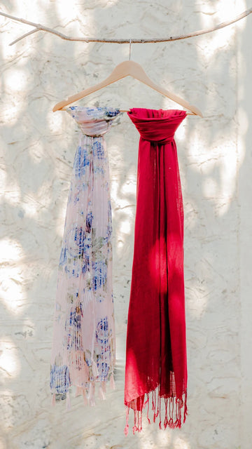 Floral Printed & Red Solid Scarves Set of 2