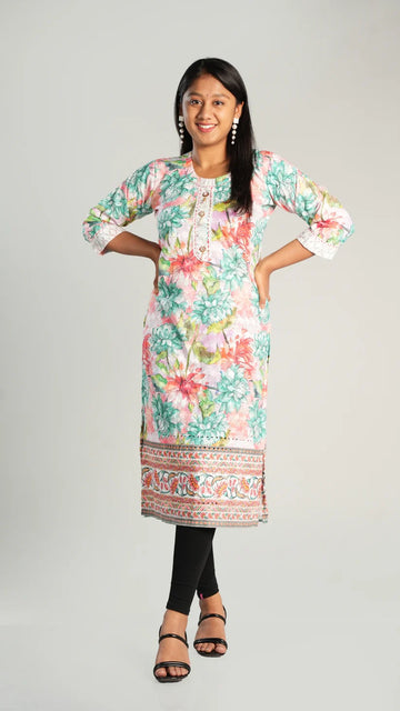 Thread Work Floral Print Kurti with Neck Line Embroidery