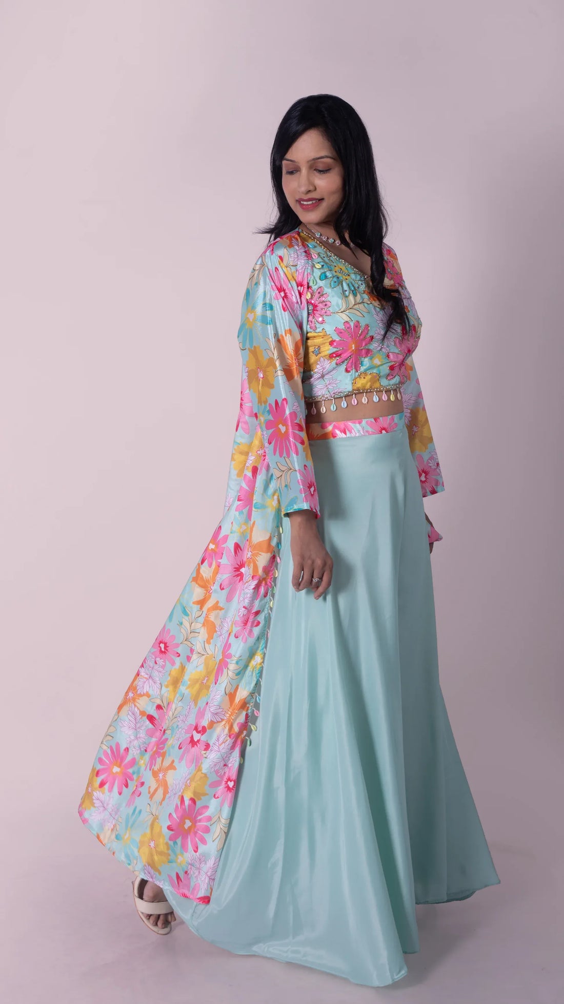 Wide Legged Palazzo with Floral Print Crop Top and Long Jacket