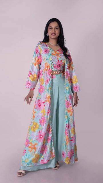 Floral Crop Top Palazzo Jacket Set